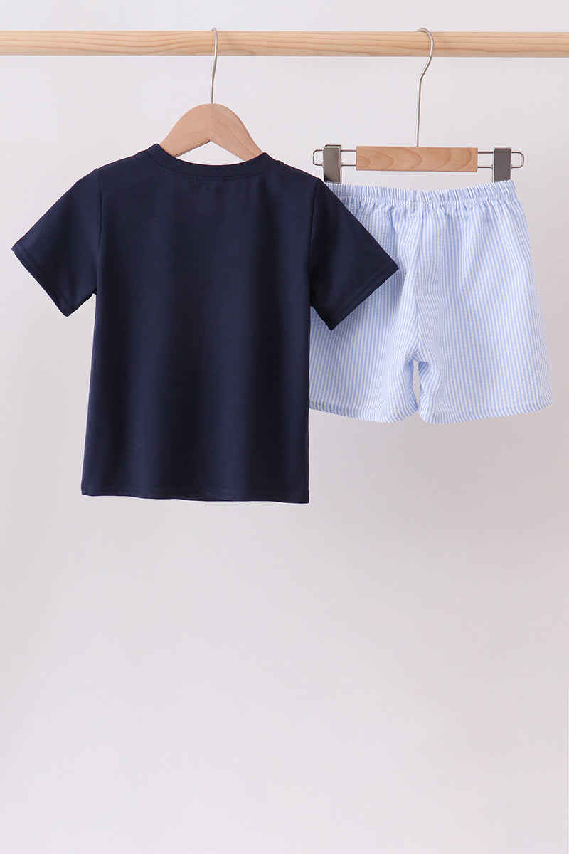 Navy Puppy Applique Seersucker Set