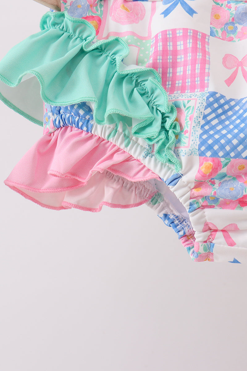 Green Bow Checkered Ruffle 2pc Swimsuit