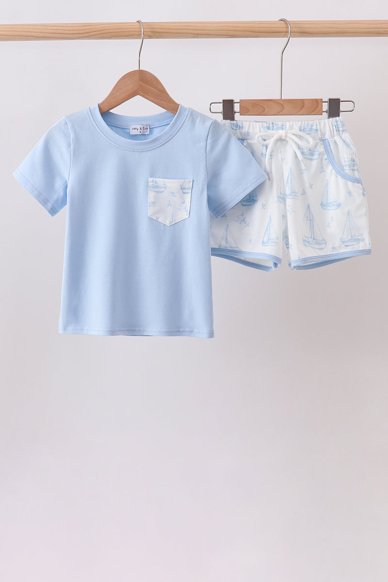 Blue Sailboat Shorts Set