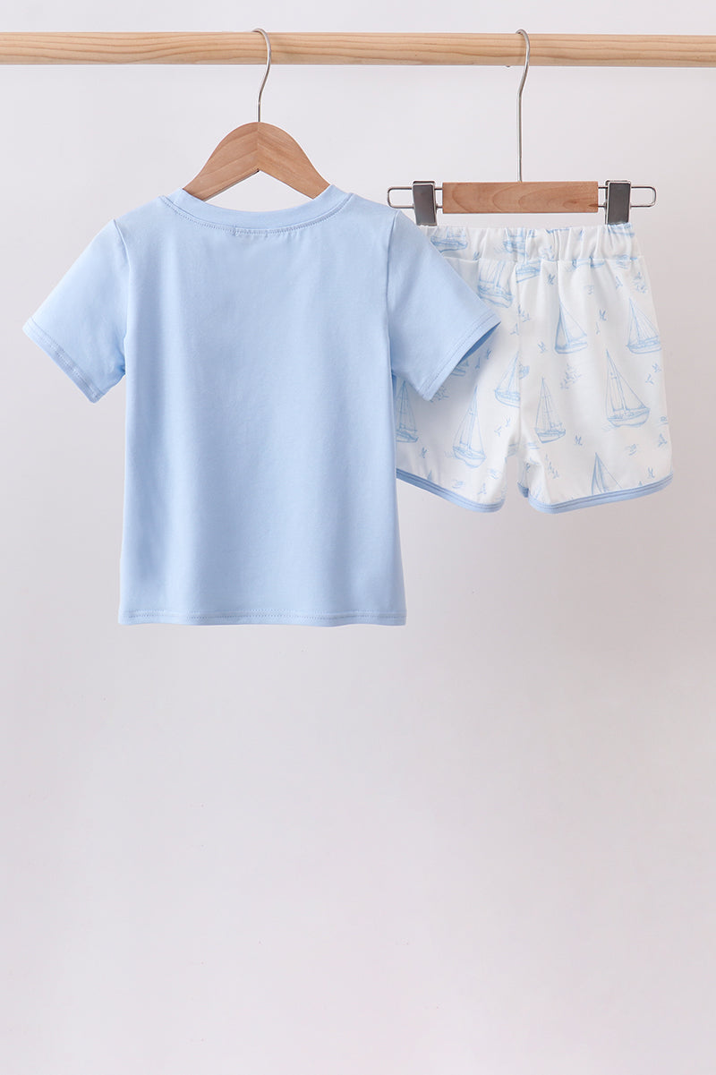Blue Sailboat Shorts Set