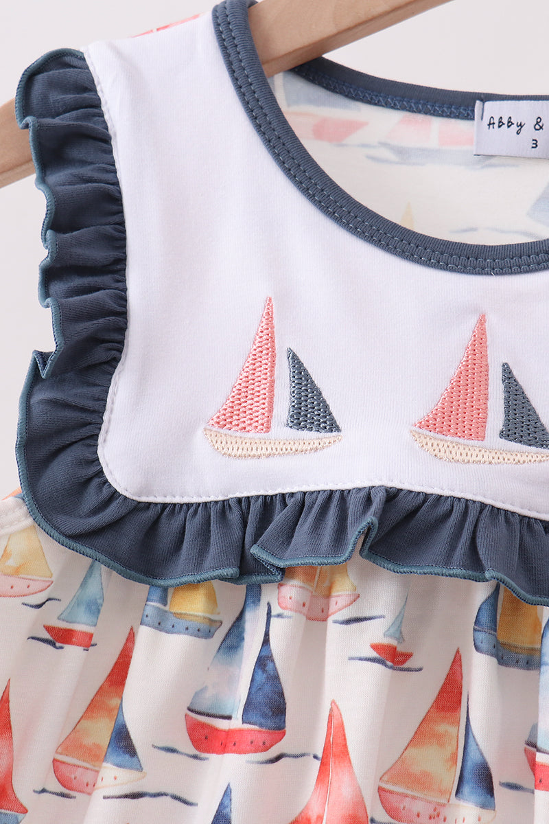 Blue Sailboat Embroidered Dress