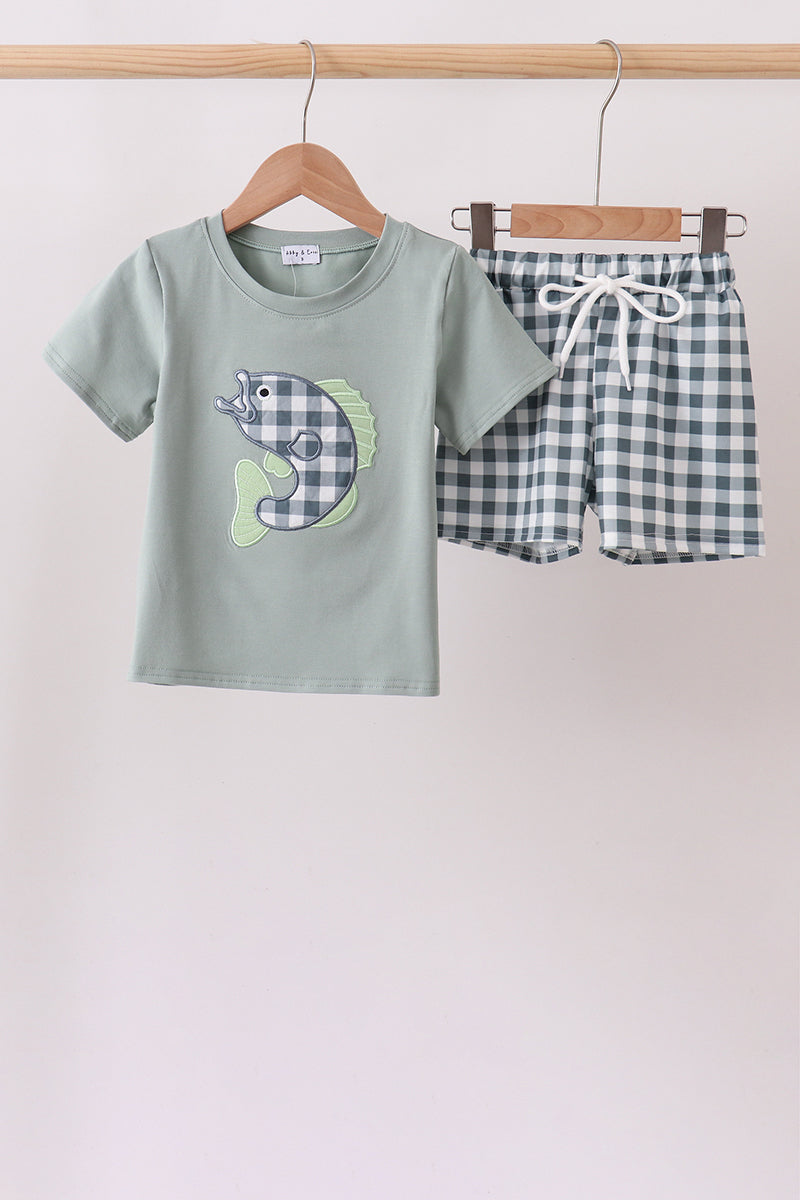 Green Fish Applique Shorts Set