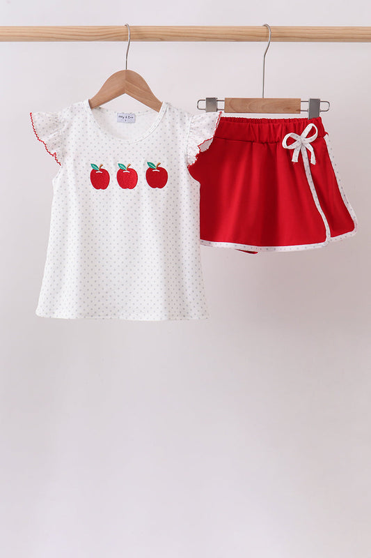 Red Apple Embroidered Skorts Set