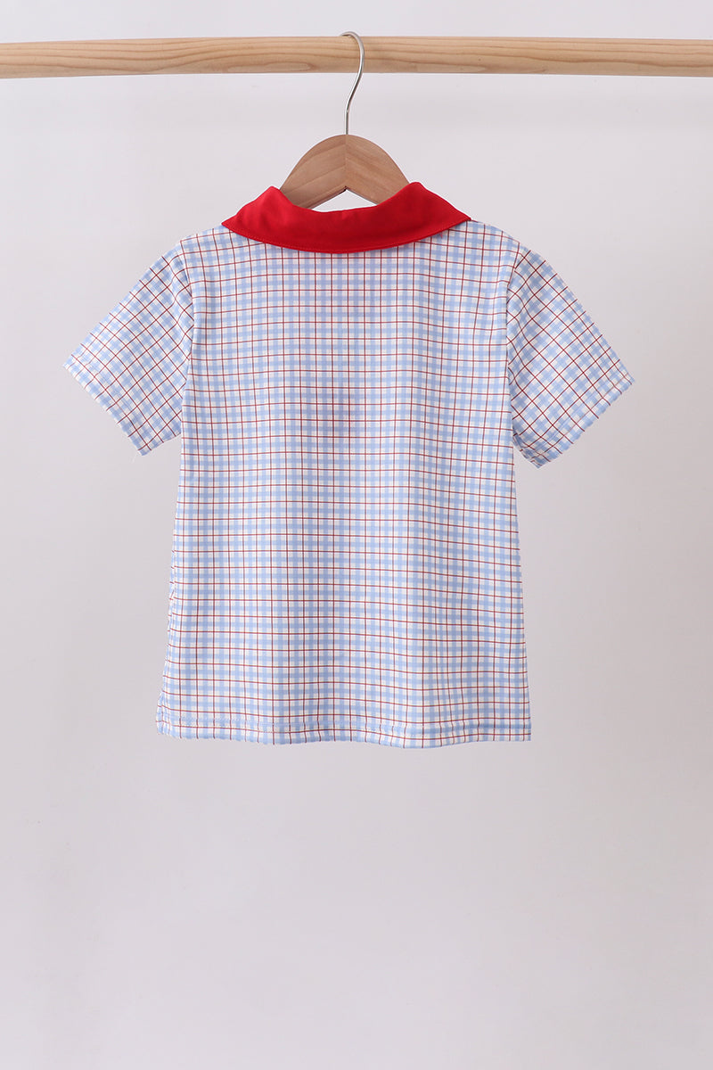 Blue Apple Embroidered Plaid Shorts Set