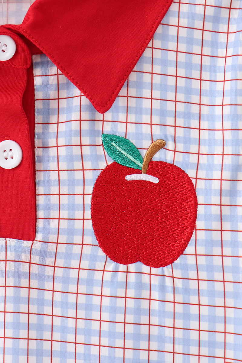 Blue Apple Embroidered Plaid Shorts Set