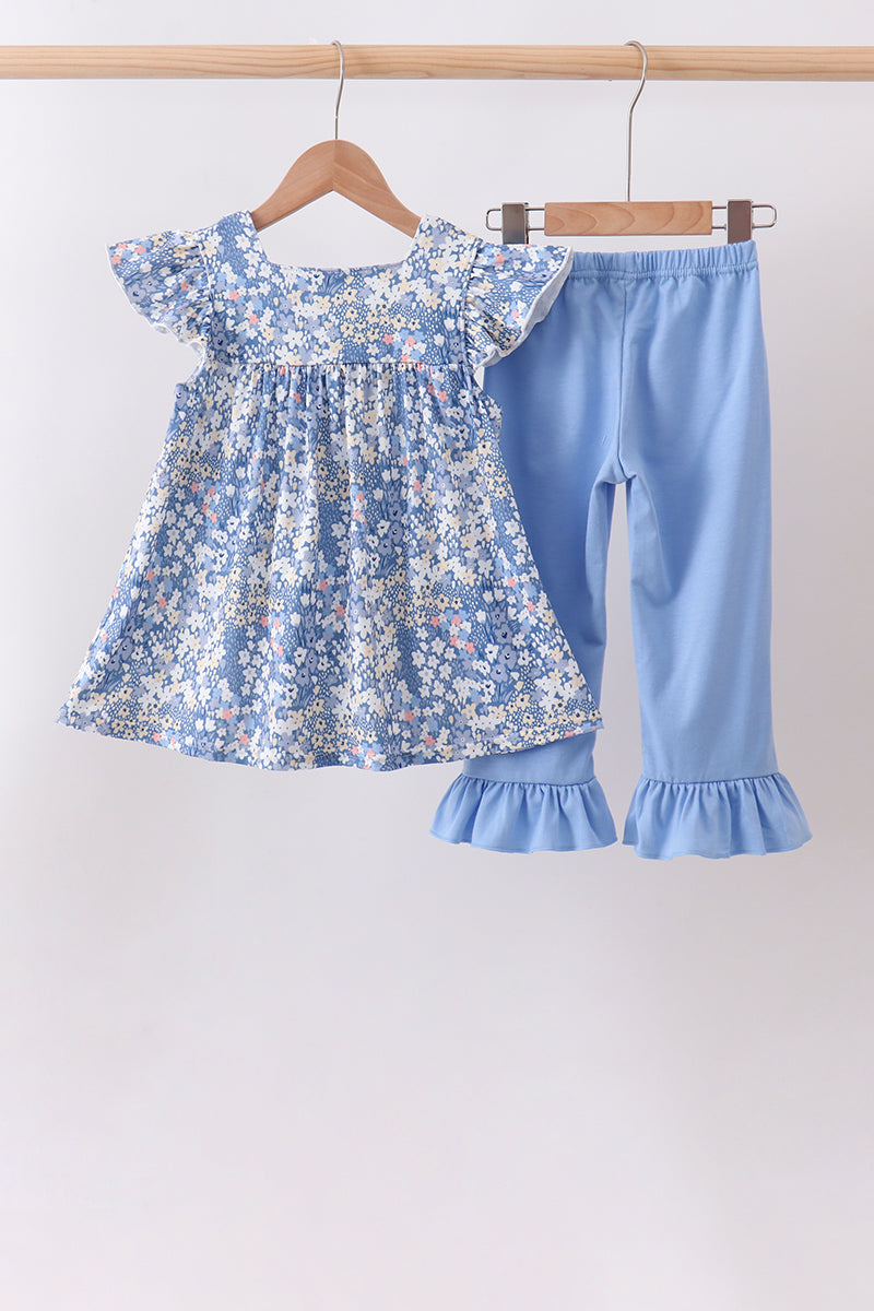 Blue Floral Print Ruffle Pants Set