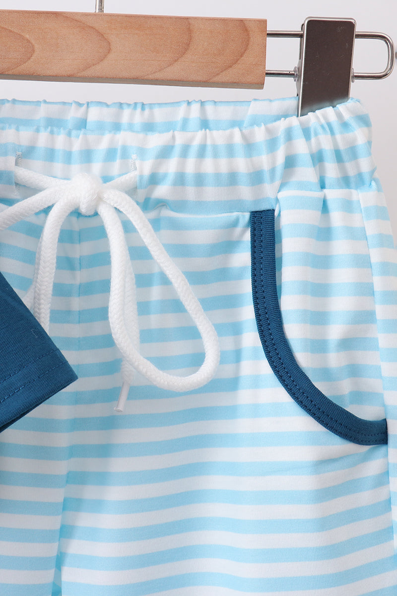 Teal Apple Embroidered Stripe Pants Set
