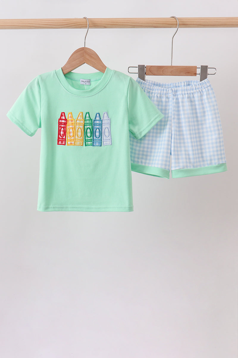 Mint Crayon Applique Gingham Shorts Set