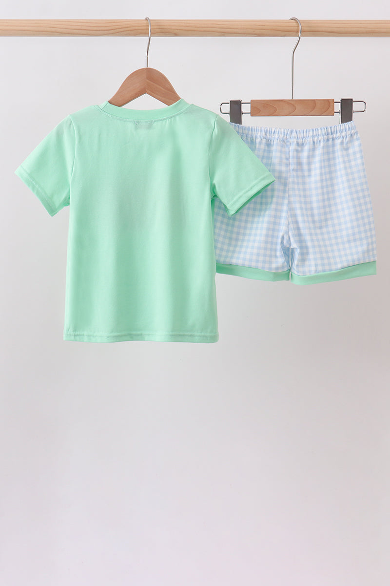 Mint Crayon Applique Gingham Shorts Set