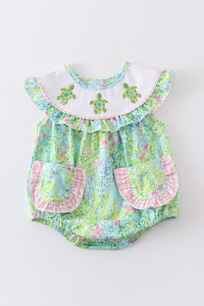 Green Turtle Embroidered Ruffle Bubble