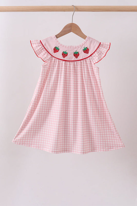 Pink strawberry embroidery gingham dress