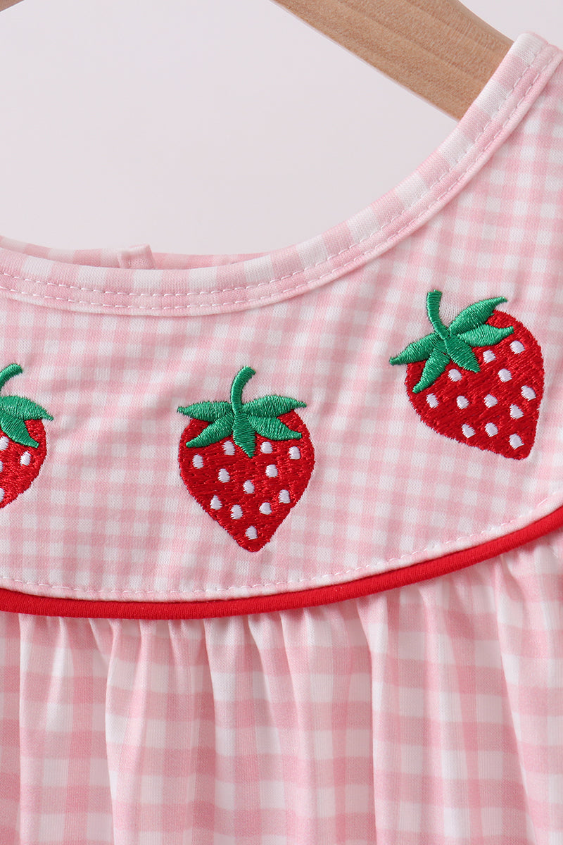 Pink strawberry embroidery gingham dress