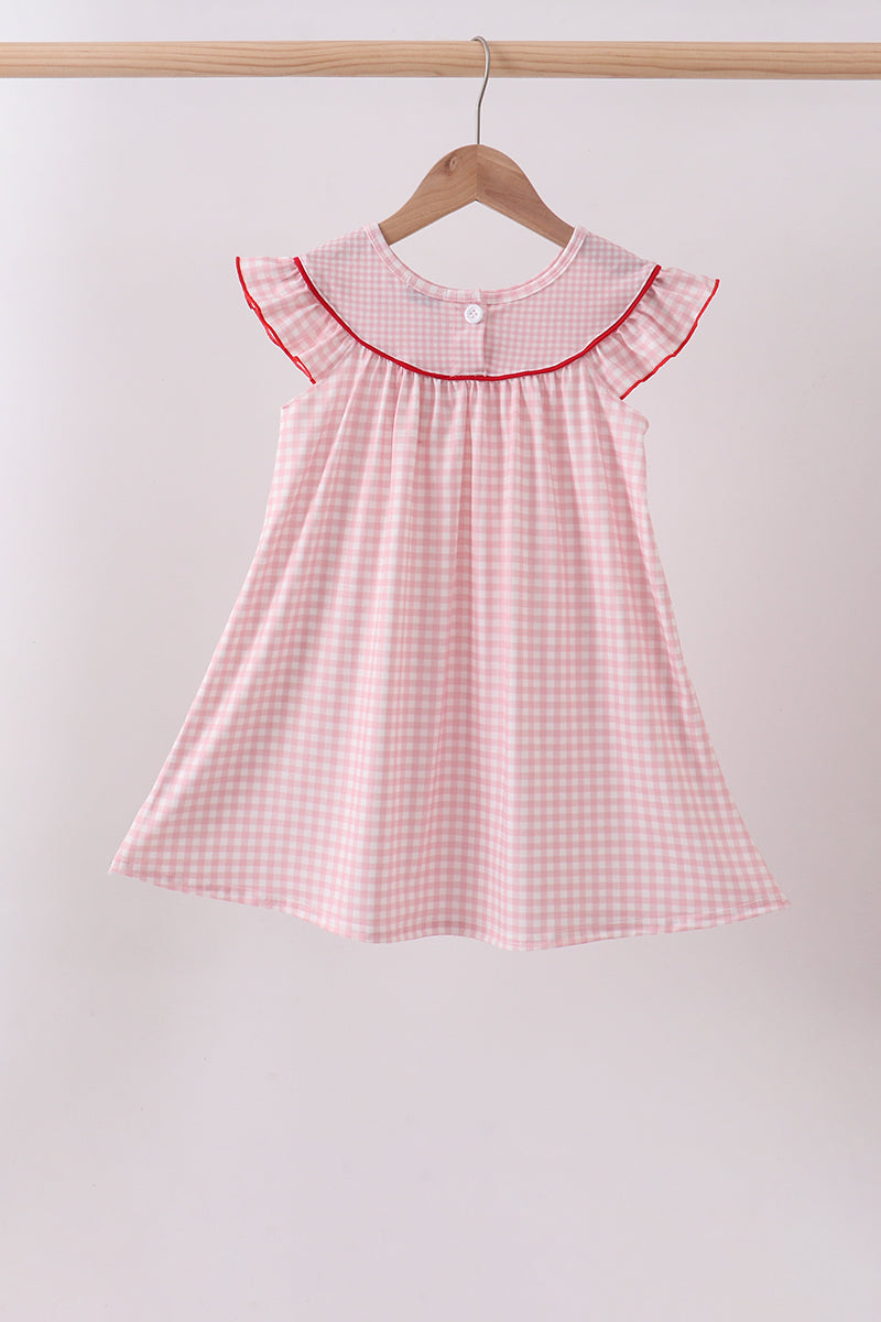 Pink strawberry embroidery gingham dress