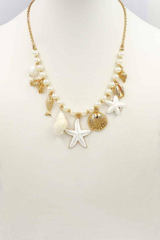 Gold Chain with Pearls and Sealife Charms 16"-18" Necklace
