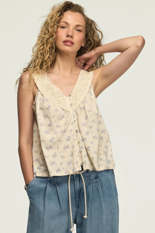 [157876-100] WOMENS LUCKY BRAND LACE YOKE V NECK TOP - CREAM FLORAL