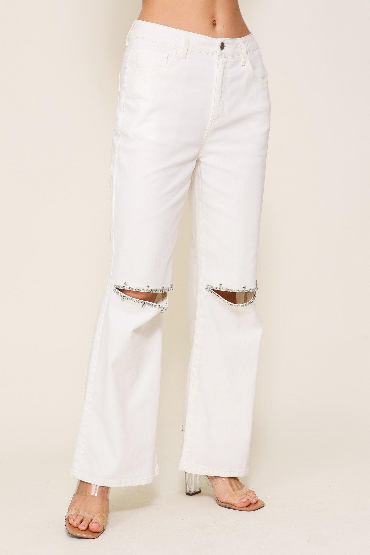 Rhinestone Slit High Waisted Wide Leg Pants
