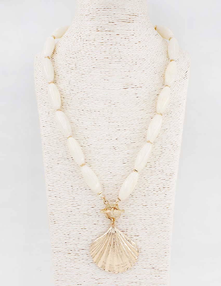 White Oval Stone 16"-18" Necklace with Gold 2" Shell Charm