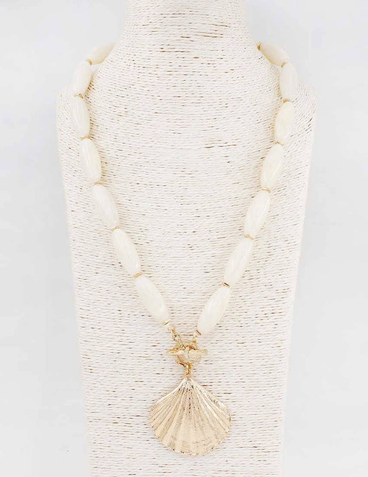 White Oval Stone 16"-18" Necklace with Gold 2" Shell Charm