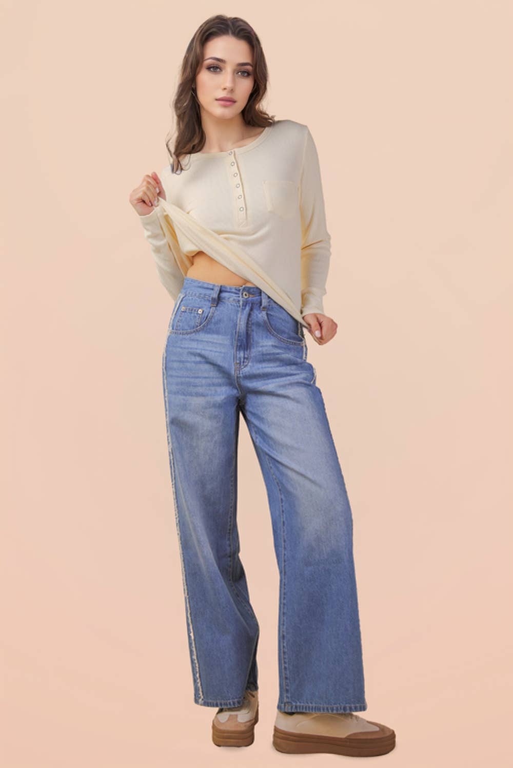 VJP90037-VERY JEAN Frayed Detail Washed Denim Pants
