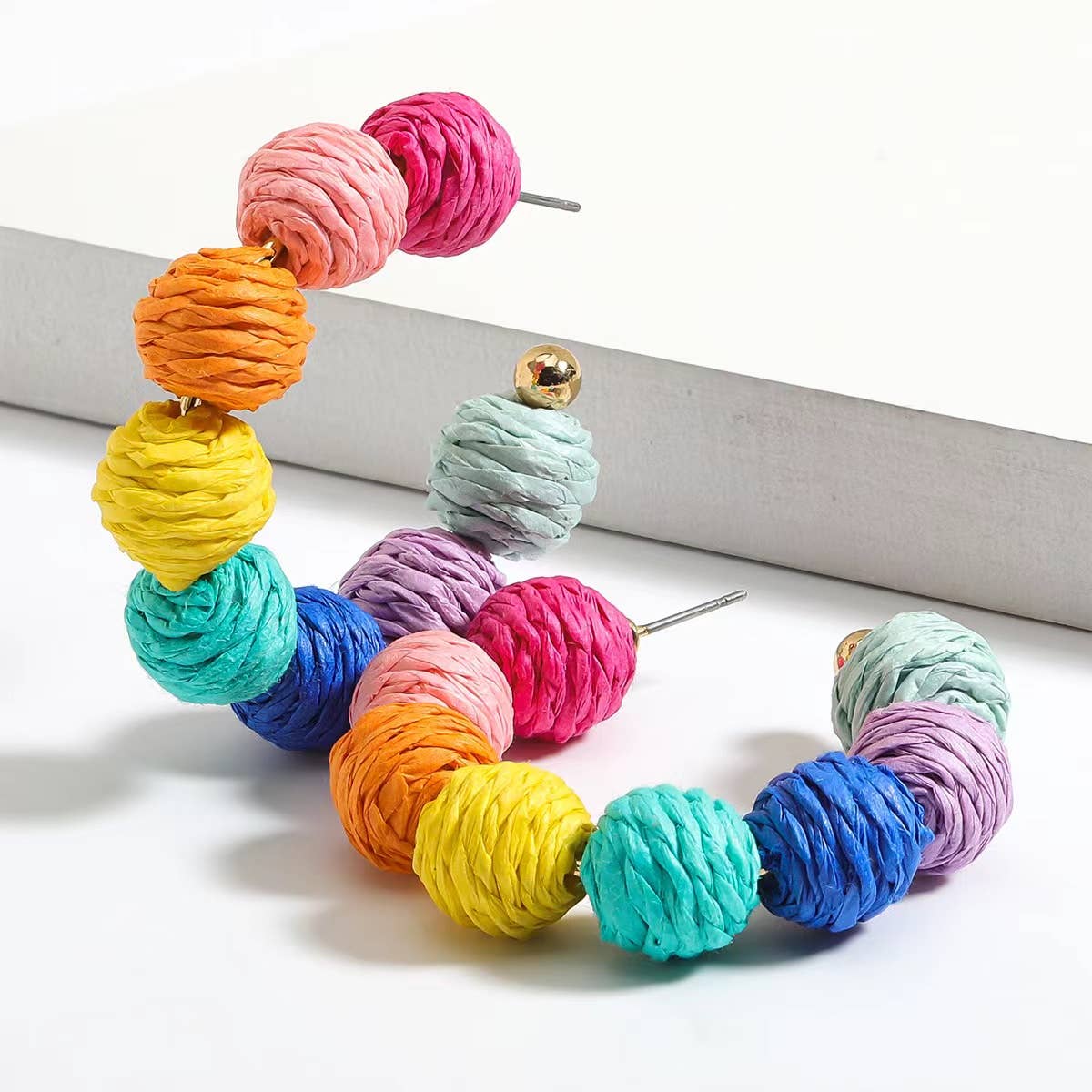 Rattan Ball Hoop Earrings in Multicolor and Pink for Summer
