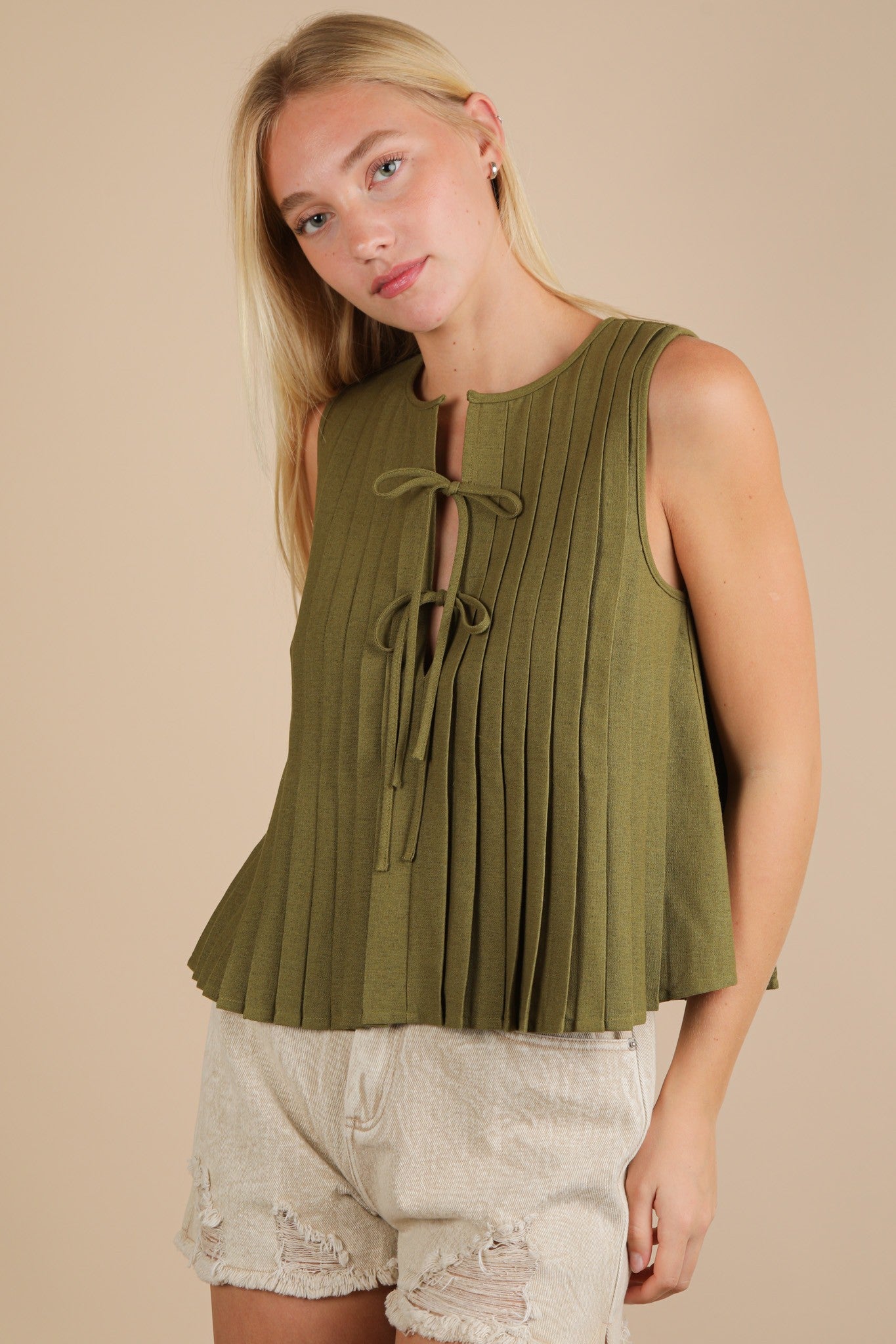 Pleated Woven Blouse Top With Front Tie