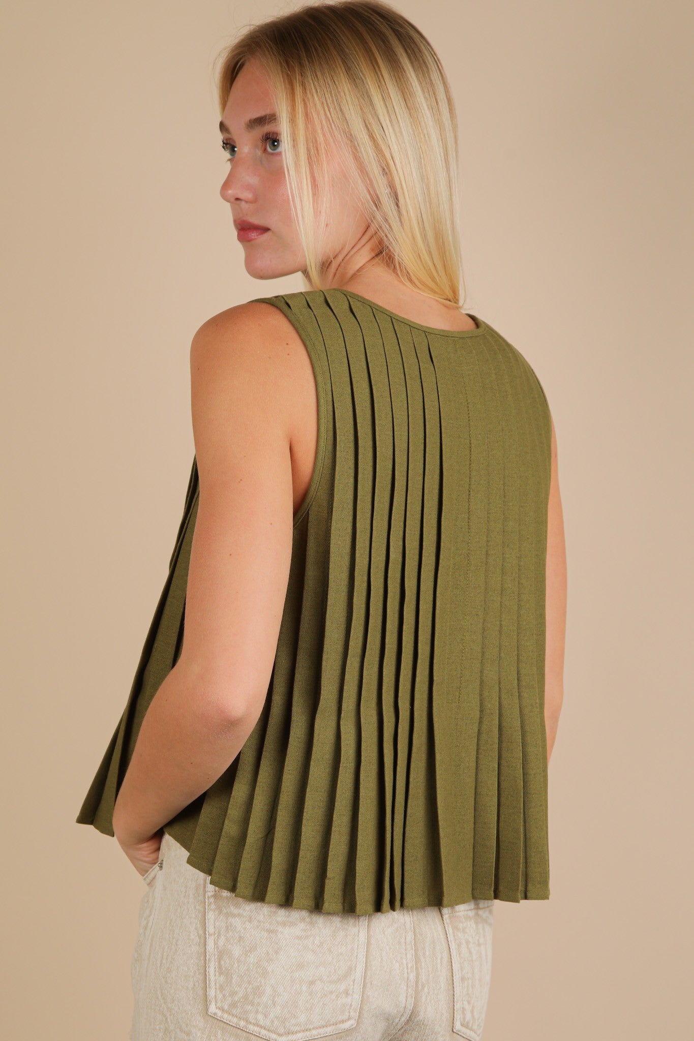 Pleated Woven Blouse Top With Front Tie