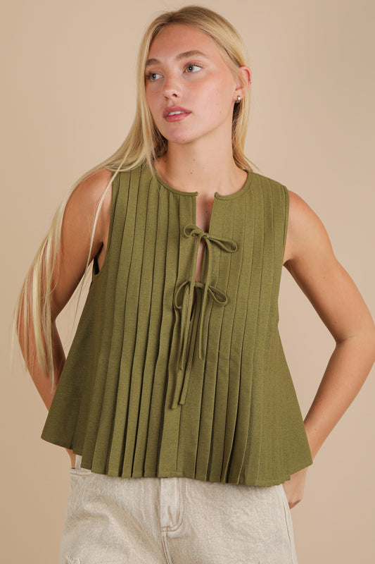 Pleated Woven Blouse Top With Front Tie