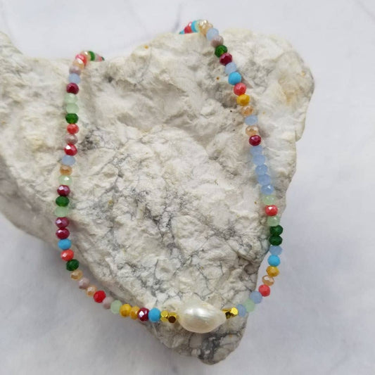Colorful Glass Beaded Freshwater Pearl Neckalce