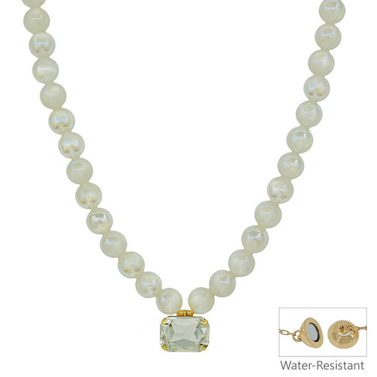 White Beaded Acrylic Beaded with Clear Rectangle Crystal 16"-18" Necklace