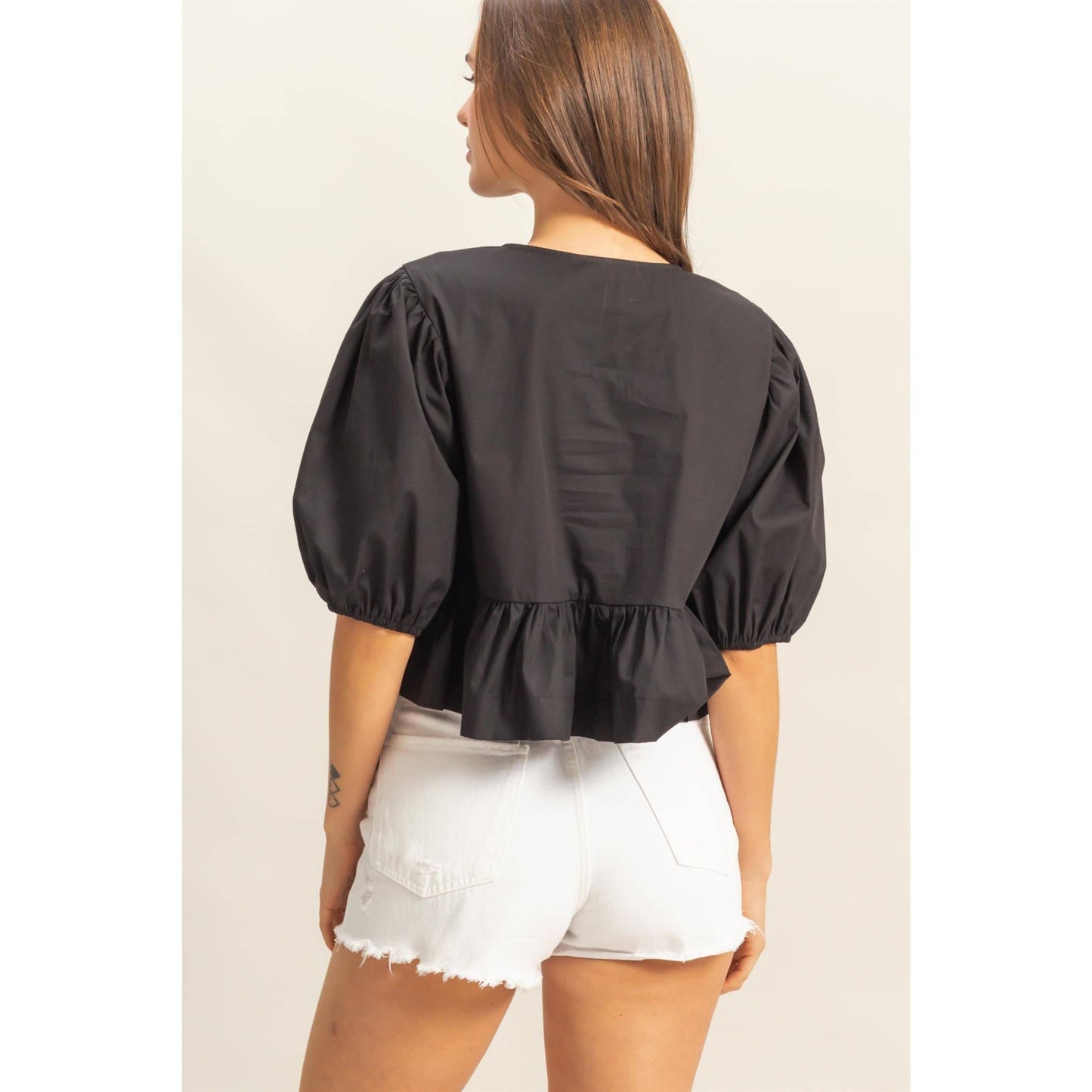 HF25E187-Ribbon Tie Open Front Peplum Top