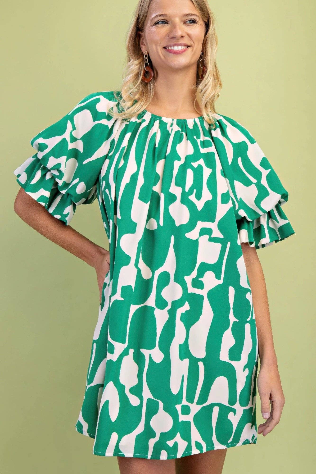 Loose Fit Mini Dress With Gathered Balloon Sleeves