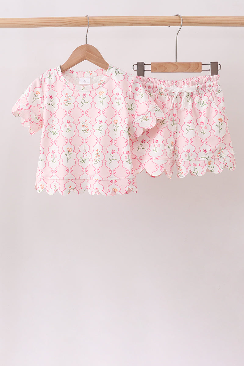 Floral Silky Scalloped Short Set