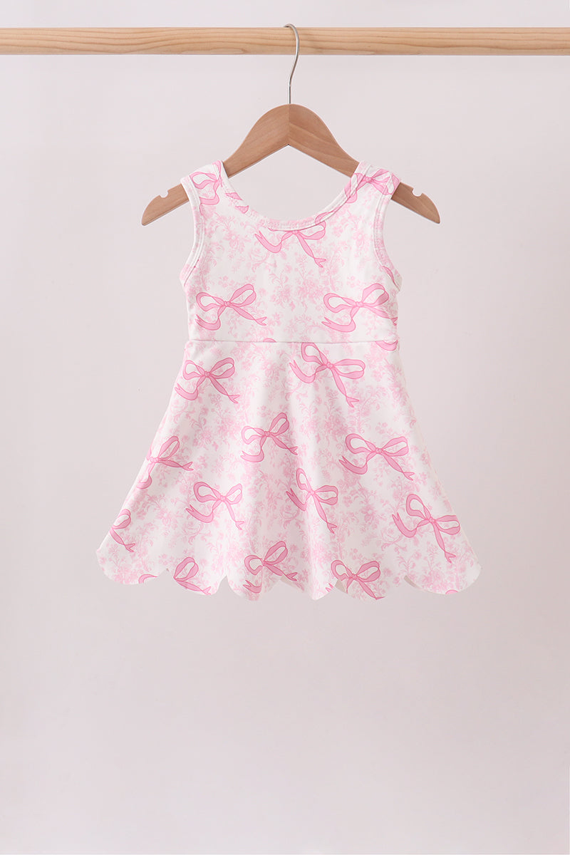 Pink Performance Bow Print Scalloped Dress