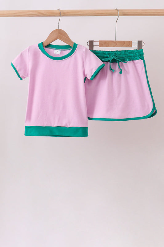 Pink color block Ringer Skorts Set