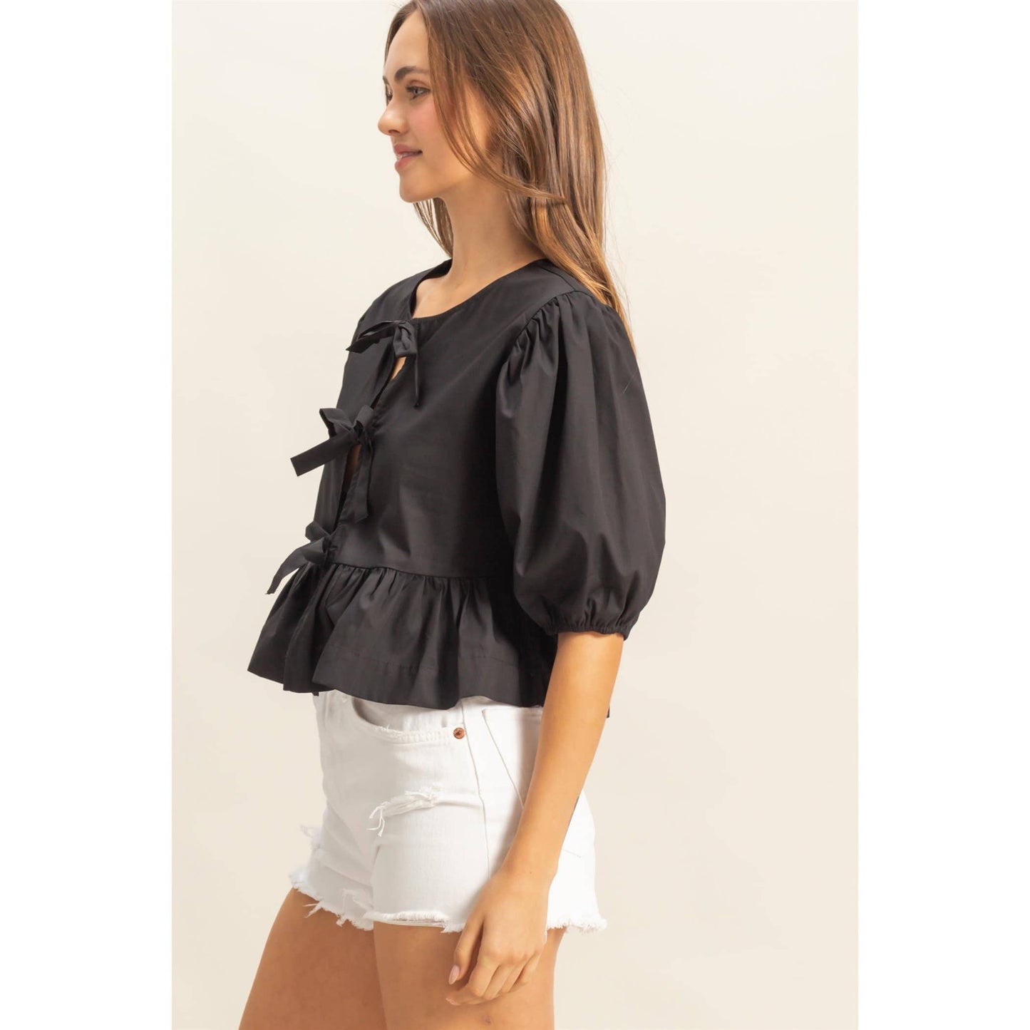 HF25E187-Ribbon Tie Open Front Peplum Top