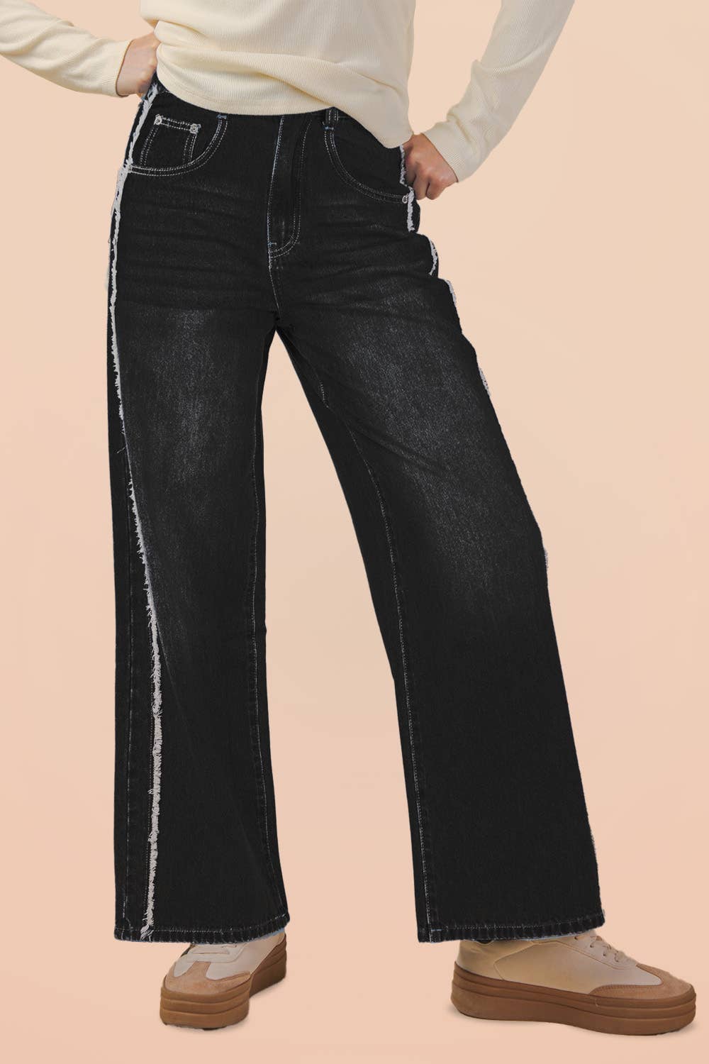 VJP90037-VERY JEAN Frayed Detail Washed Denim Pants