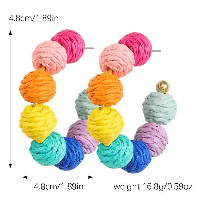 Rattan Ball Hoop Earrings in Multicolor and Pink for Summer
