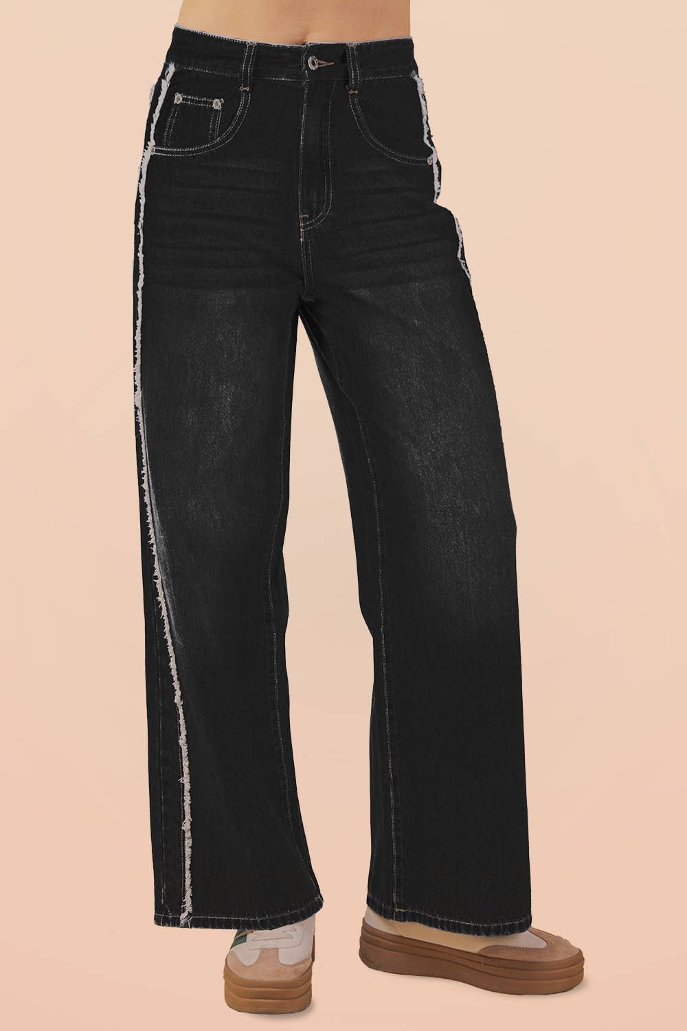 VJP90037-VERY JEAN Frayed Detail Washed Denim Pants