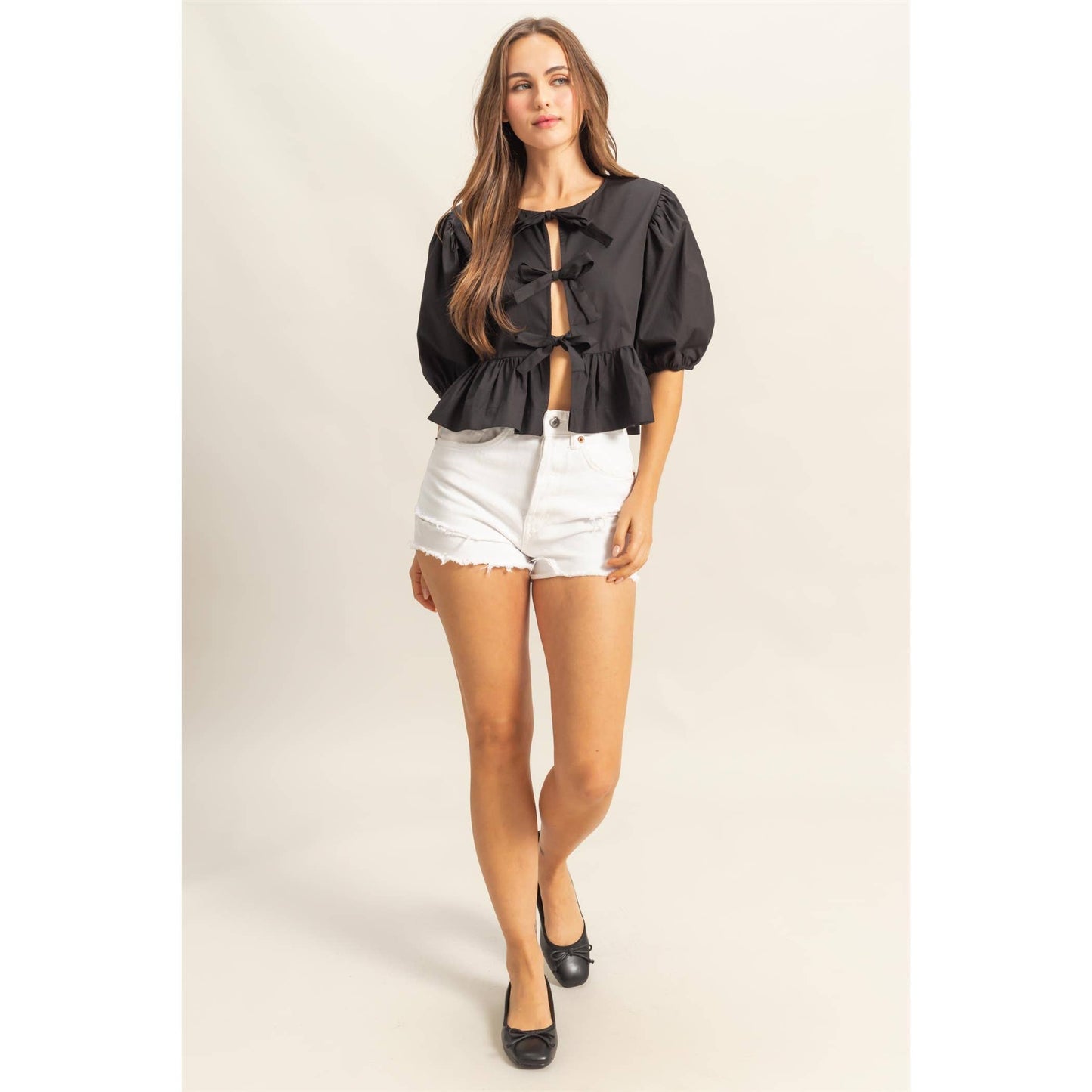 HF25E187-Ribbon Tie Open Front Peplum Top