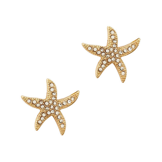 Sealife Rhinestone and Gold Starfish Stud .5" Earring