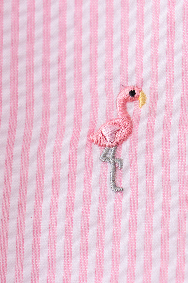 Pink stripe seersucker flamingo embroidery scalloped bloomer set