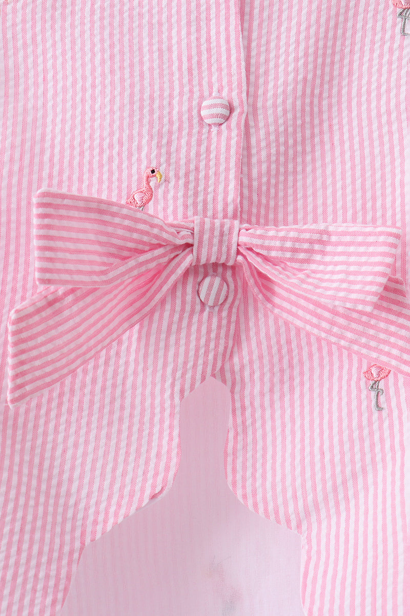 Pink stripe seersucker flamingo embroidery scalloped bloomer set