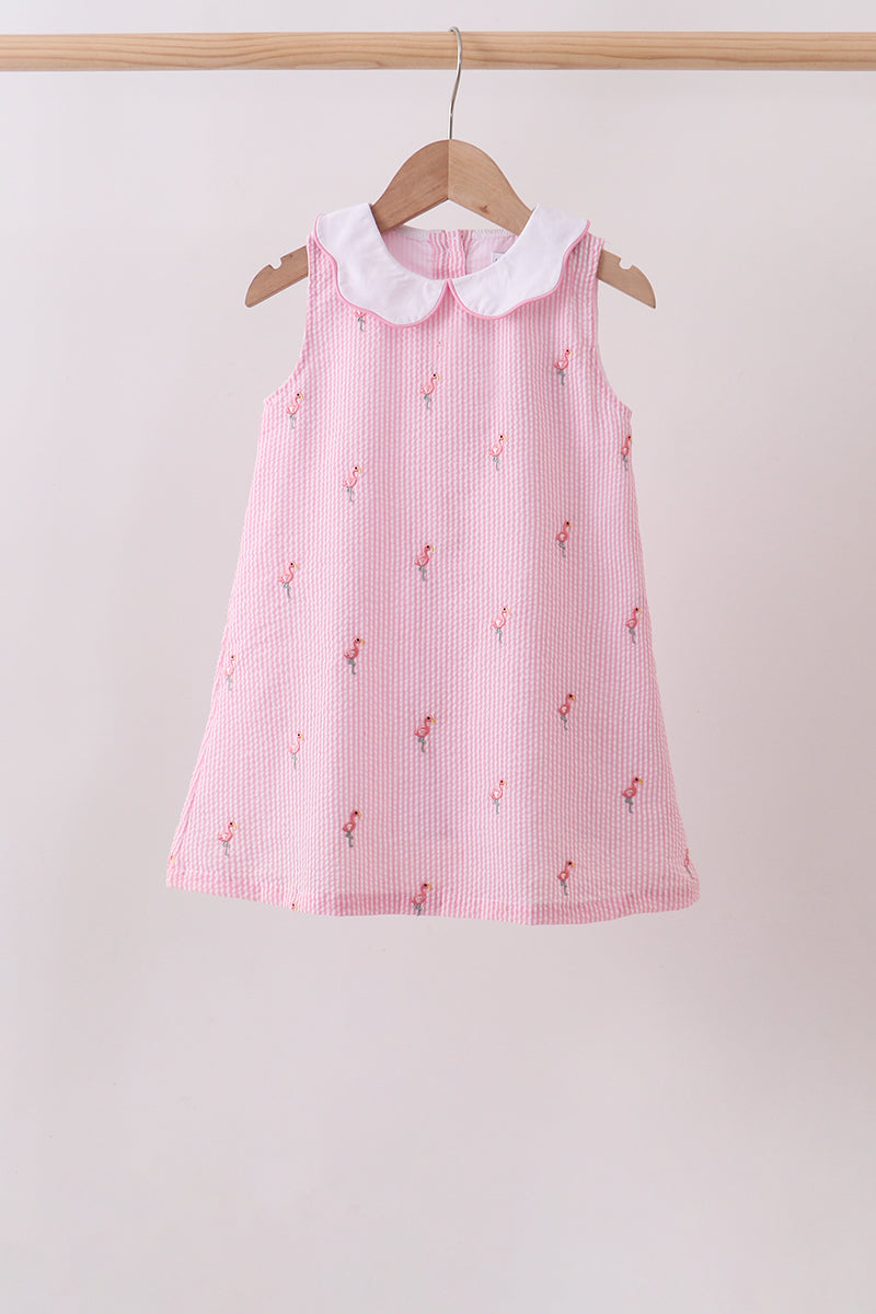 Pink stripe seersucker flamingo dress