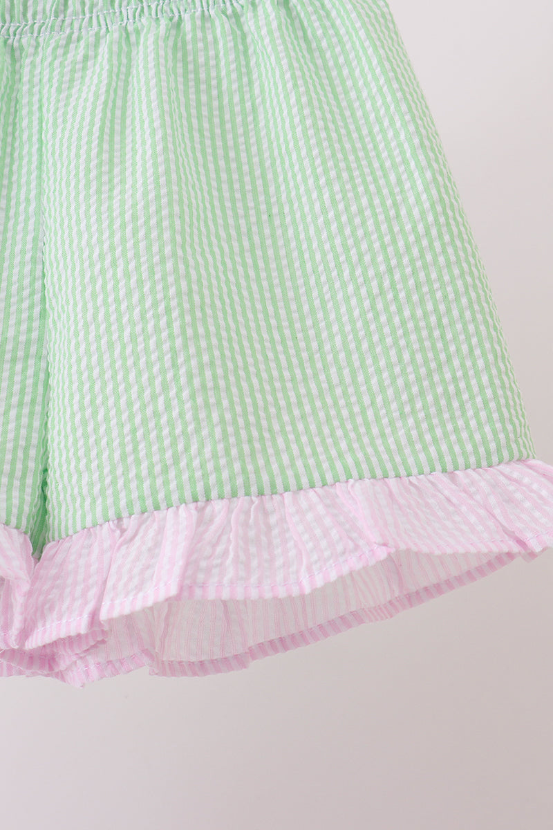 Pink stripe seersucker bow ruffle shorts set