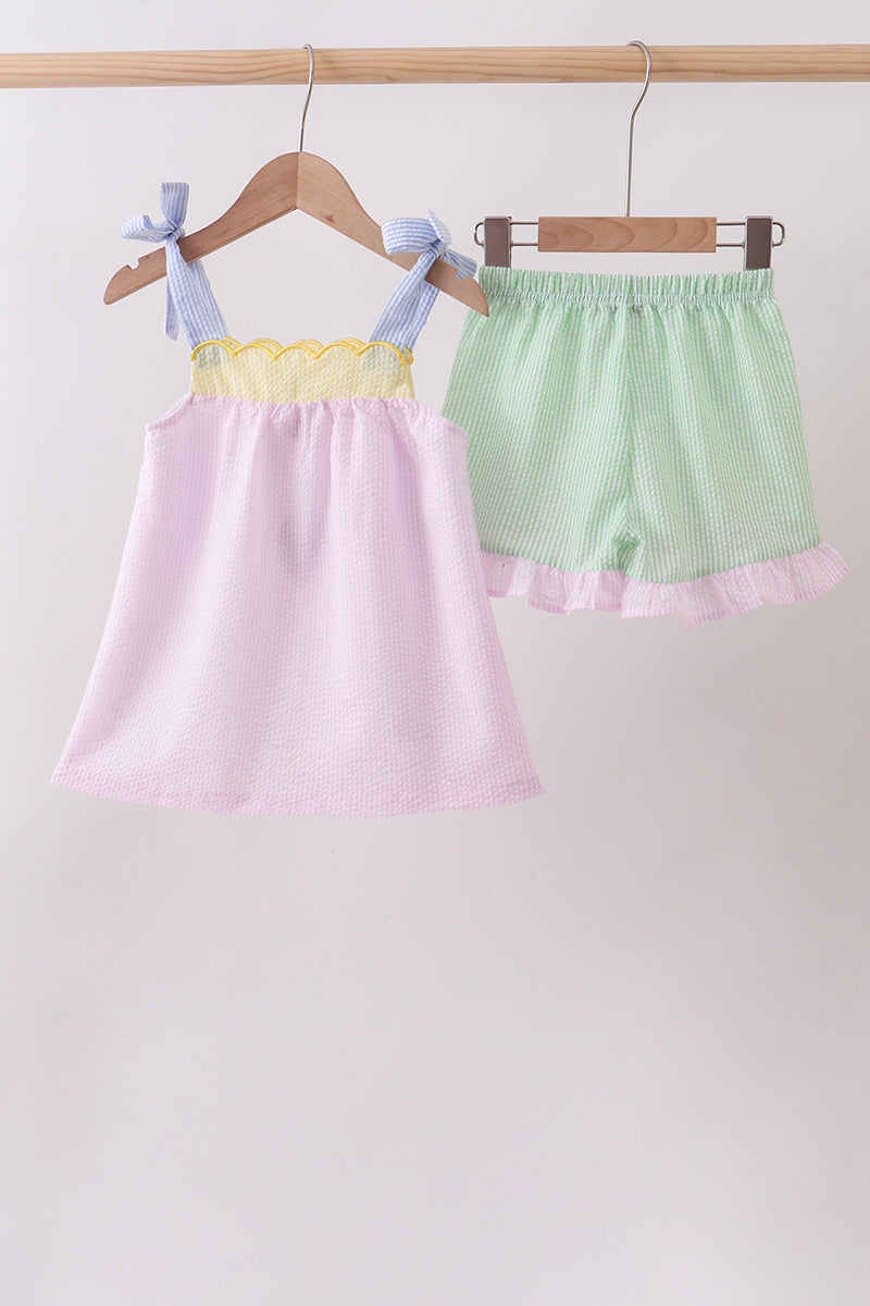 Pink stripe seersucker bow ruffle shorts set