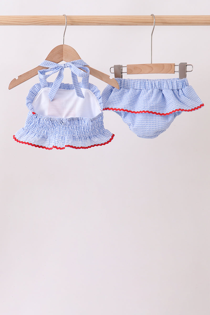 Blue flag applique gingham ruffle 2pc swimsuit