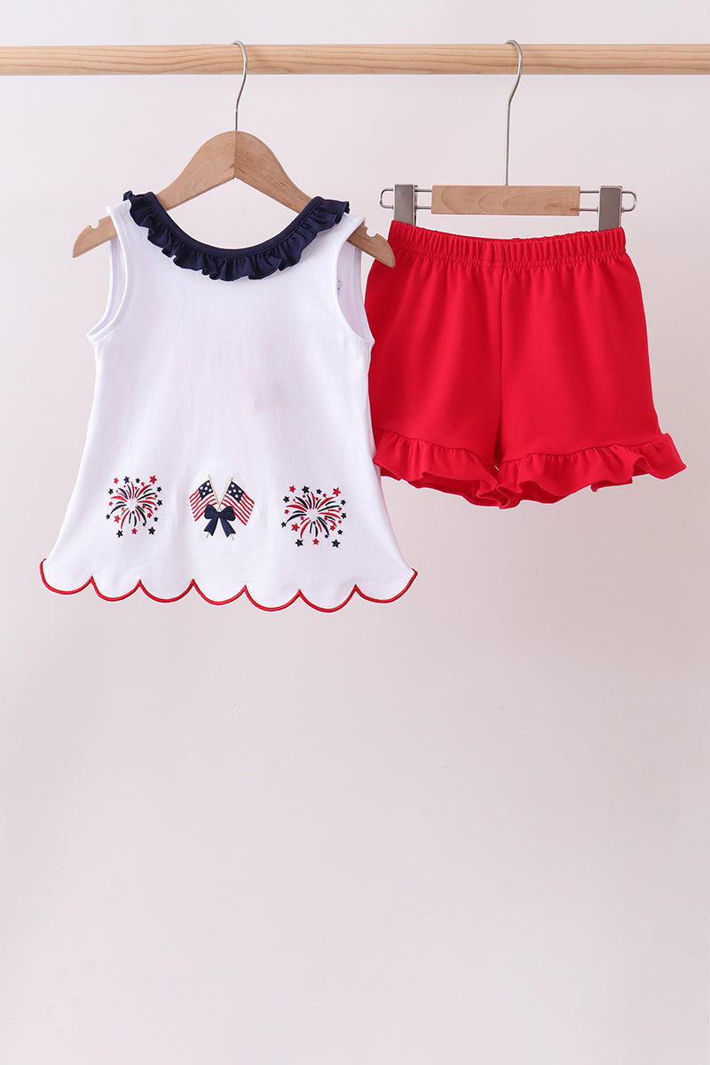 Red flag fireworks embroidery ruffle shorts set