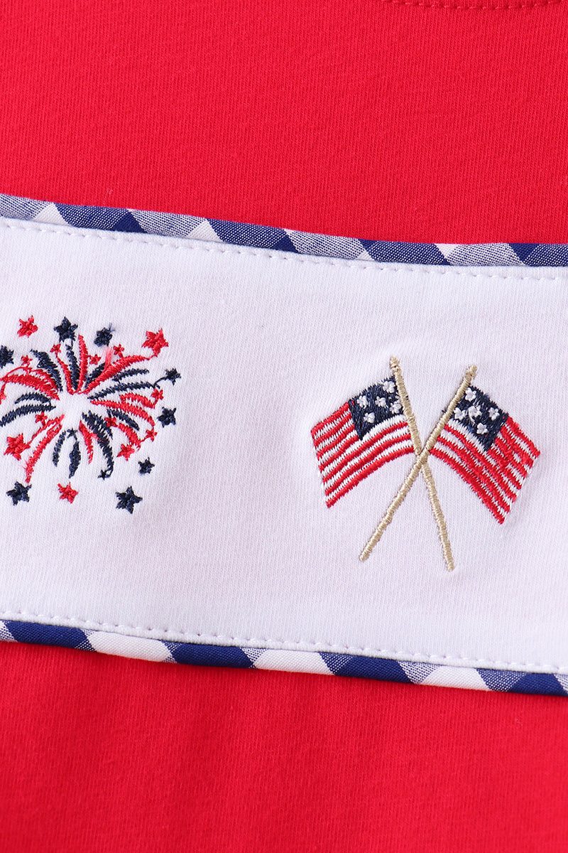 Red flag fireworks embroidery shorts set