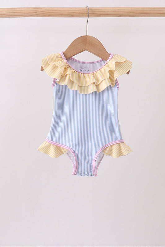 Blue stripe ruffle one-piece swimsuit