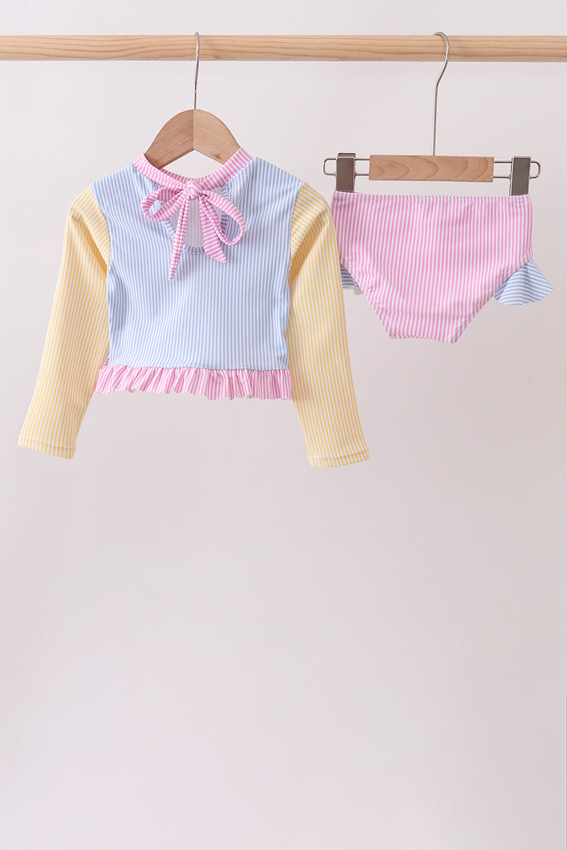 Blue stripe ruffle rashguard set